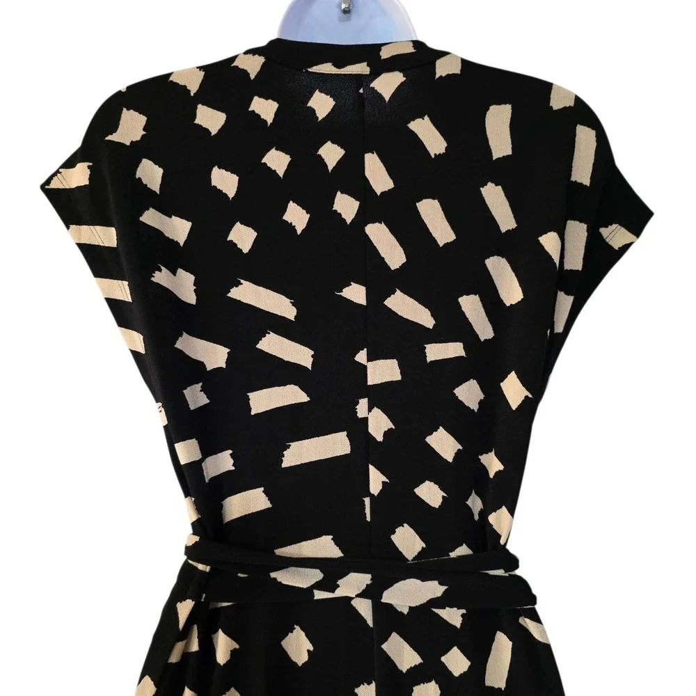 Alex and Ava Wrap Dress Womans Size S Black Cream Abstract Print Midi Classic‎